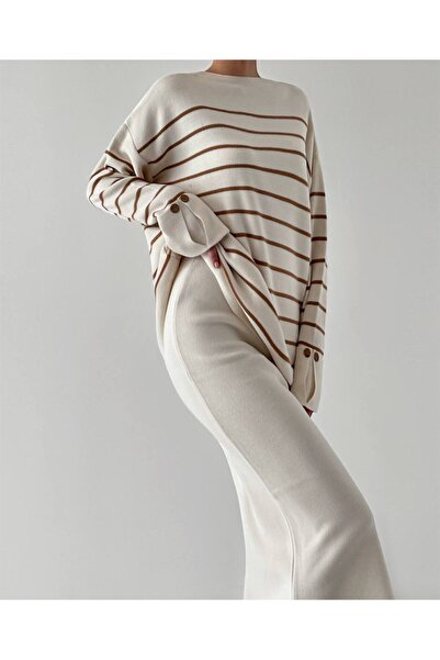 Lusin Ecru Women's Knitwear Set - Sweater with Cufflinks and Slit Detail, Skirt