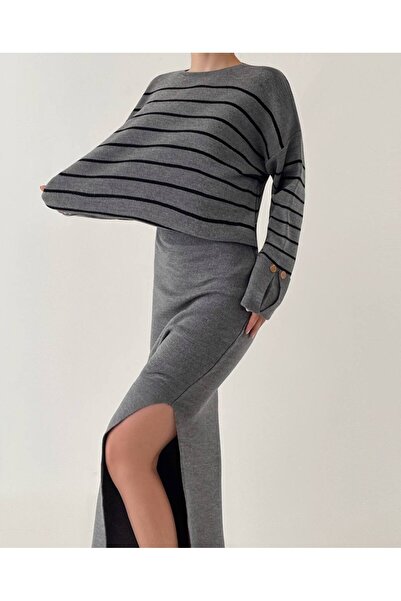 Lusin Mıor Colorful Women's Knitwear Sweater and Skirt Set - Button and Slit Detail