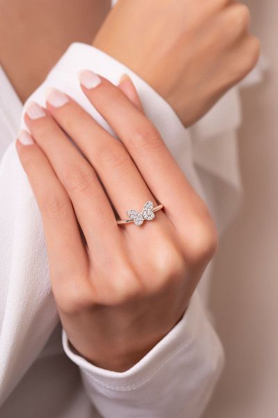 Eva Jewelry خاتم نسائي بطبقة فضية اللون قابلة للتعديل على شكل فراشة