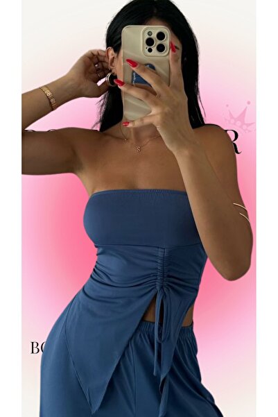 BoomBester Sandy Fabric - Μπλε Ασύμμετρη Στράπλες Γυναικεία Crop Μπλούζα