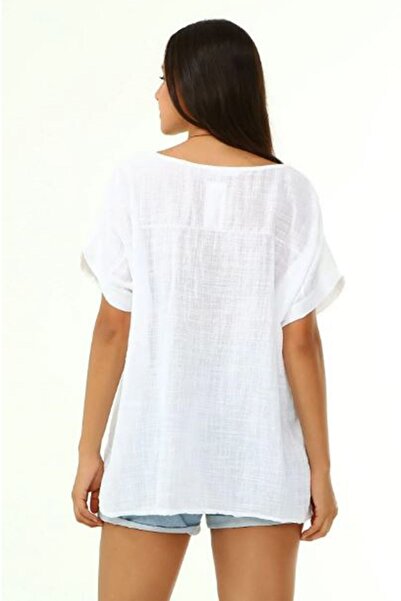 AYASOFYA OTANTIK Γυναικεία ιταλική λευκή μπλούζα oversize casual με αξεσουάρ κολιέ