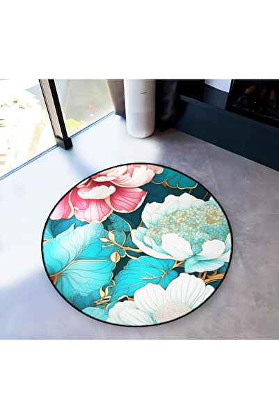 Rugs Modern Halı Multicolored Floral Flower Rose Patterned Round Woven Base M...