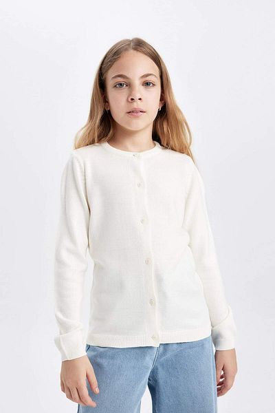 DeFacto Girl's Ecru Crew Neck Buttoned Knitwear School Cardigan 3113533