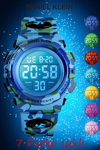 Daniel Klein Light Blue Camouflage Children's Wristwatch with Alarm and Stopwatch, 7 Different Lights, for Ages 8-12