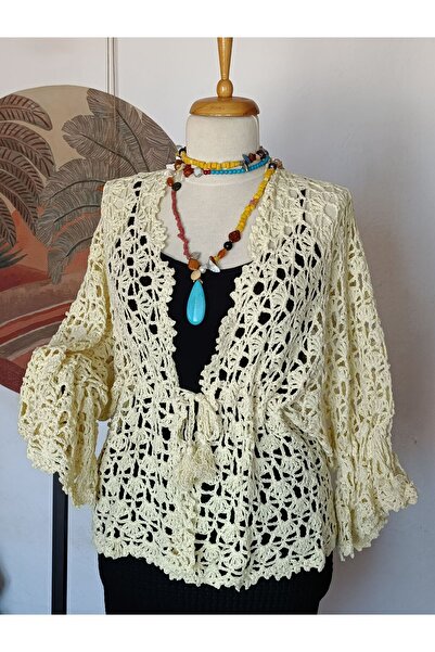 Hippybutik Casual Pudra Sarı Tığ Dokuma Dantel Tasarım Midi Astarsız Hırka