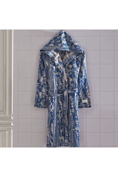 Stella Belli 100% бавовняний ручний тканий халат з капюшоном і візерунком | У коробці | Respiro | Синьо-бежевий