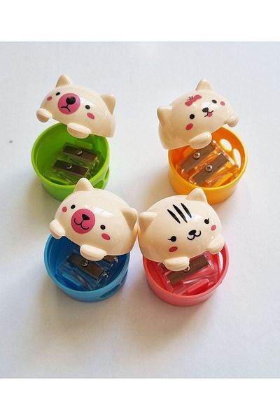 Modellino 4-Piece 4-Color Top Opening Lid Teddy Bear Shaped 2-Piece Pencil Sharpener