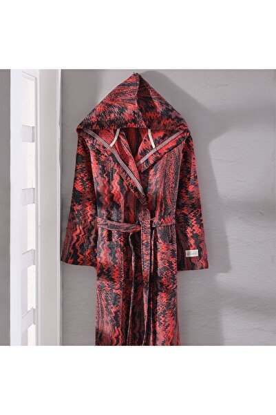 Stella Belli %100 Pamuk El Dokuması Desenli Kapüşonlu Peştemal Bornoz | Kutulu | Respiro | Kırmızı Siyah
