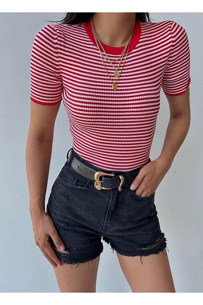 berceste Crew Neck Red Striped Crop