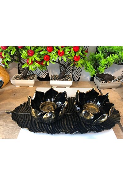 Atak Hediyelik Dekoratif Yaprak Tabakta Lotus Mumluklar Polyester