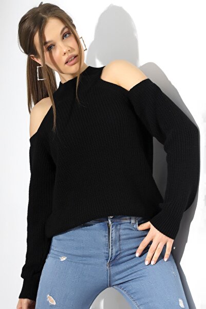 Devinka Kadın Siyah Yarım Balıkçı Omuz Dekolteli Salaş Triko Kazak