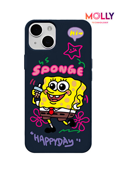 Molly حافظة سيليكون بنمط سبونج بوب باللون الأزرق الداكن لهاتف آيفون 15