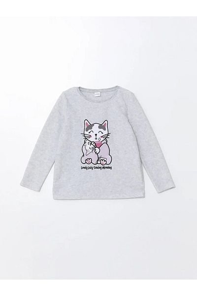 LC Waikiki Lcw Kids Girl's Gray Melange Fleece Pajama Set - Crew Neck