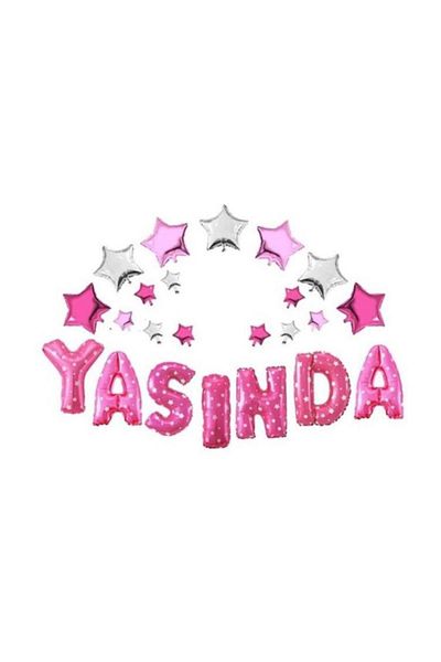 BalonEvi Silver-Pink Colored Star Patterned Foil Balloon Set with Year Old Written