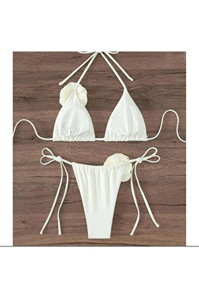 DESİGNEDBYD Kadın Çiçek Aksesuarlı Romantik Bikini Takımı 2 Parça Bikini Set Beach