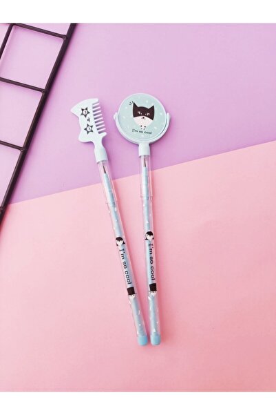 YEŞİL KIRTASİYE Ayna Ve Taraklı Kedili Kalem Seti Mavi Renk