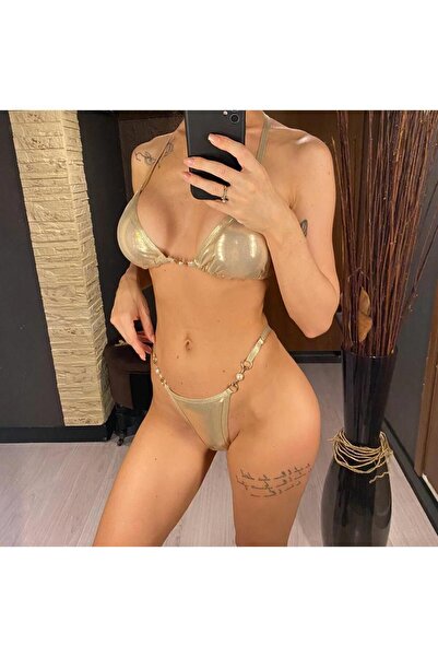 DESİGNEDBYD Kadın İnci Aksesuarlı  Bikini Takımı 2 Parça Bikini Set Beach