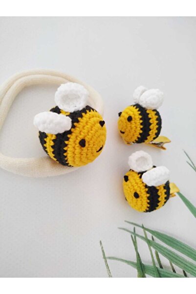 Kadın Girişimciler Atölyesi Arı Amigurumi Bandana ve 2'li Klips Toka Set