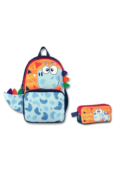 ÜMİT ÇANTA Ummit Bag for Boy - Orange/Blue Cute Dino, Primary School Backpack and Pen Holder with Two Compartments