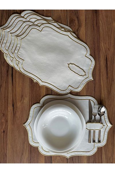 NURHAN HOME COLLECTION 6 τεμάχια διπλής σειράς χρυσό κεντημένο αμερικανικό πιάτο σερβιρίσματος με κουτάλι