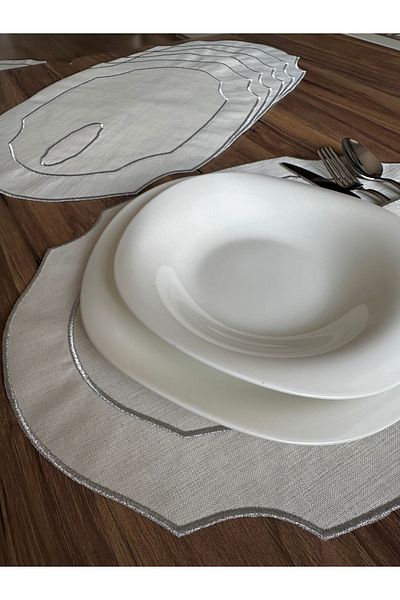 NURHAN HOME COLLECTION 6 τεμάχια ασημί χρώμα κεντημένο οβάλ αμερικανικό πιάτο σερβιρίσματος με κουτάλι