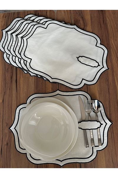 NURHAN HOME COLLECTION 6 bucăți farfurie americană de servire cu lingură, cu două rânduri, brodate negru