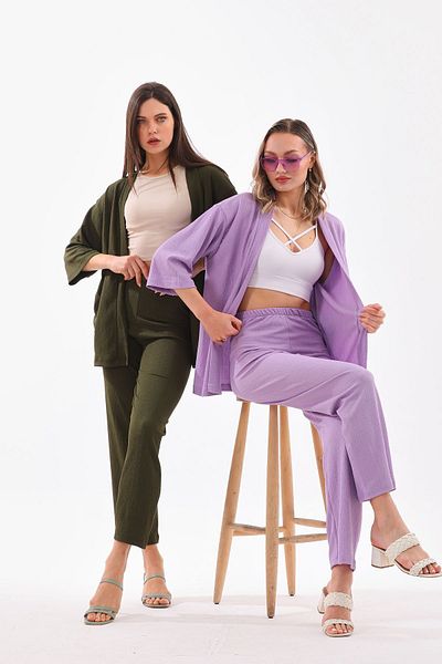 DEVRİMAY TEKSTİL Set kimono pentru femei de culoare kaki - detaliu înfășurat, picior lat