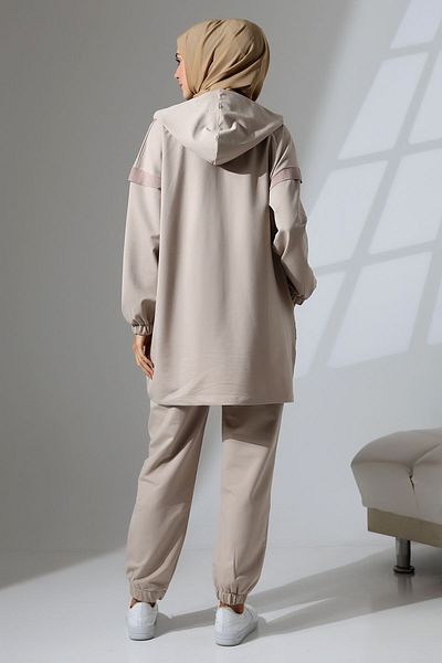 Mihran Butik Women's Stone Color Seasonal Combed Cotton Bottom Top Sports and Comfortable Hijab Suit