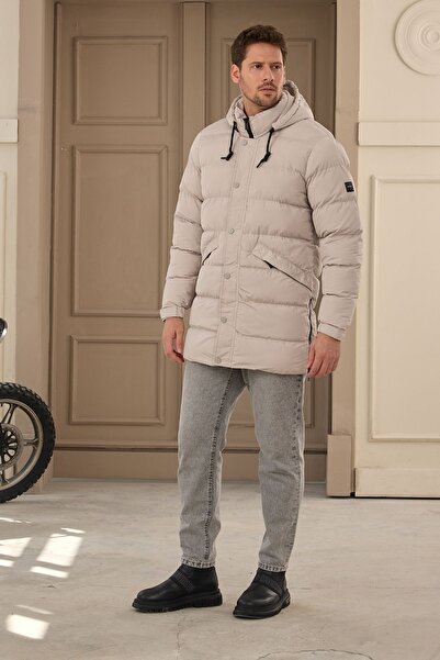 Danger Чоловіче довге пальто з капюшоном кам'яного кольору надувне