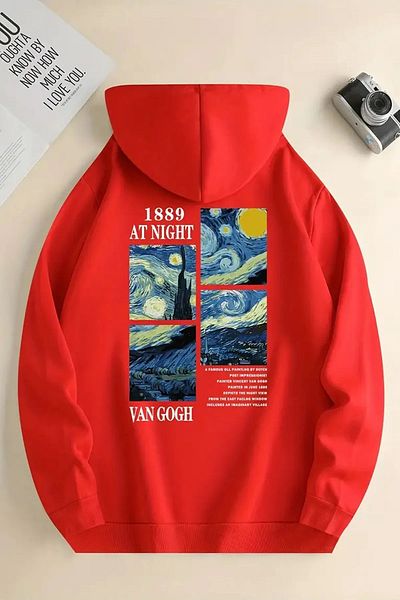 qavnas Червен плетен суитшърт Van Gogh - унисекс, повдигната прежда