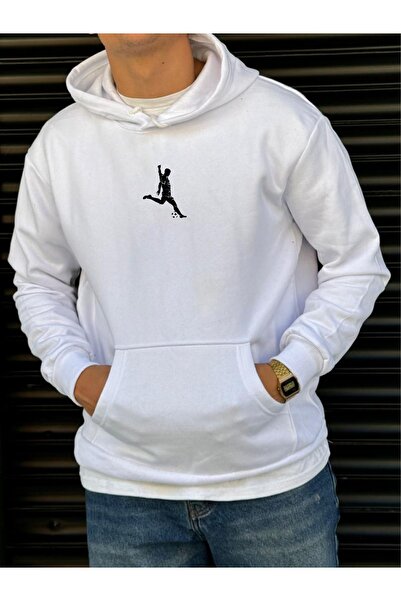 DEEPSENCE Unisex Beyaz Kapüşonlu Sweatshirt Futbolcu baskılı