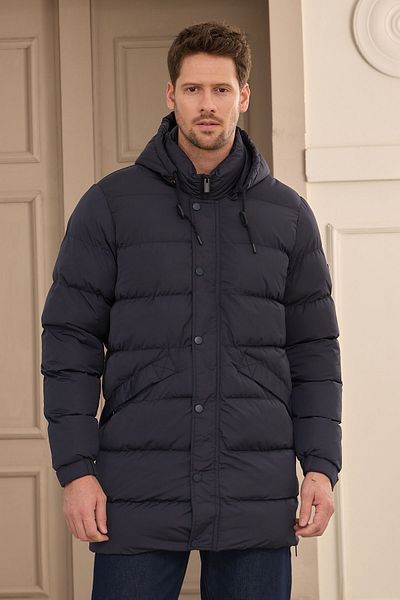 Danger Ανδρικό μακρύ πουπουλένιο παλτό Navy Blue - Παλτό με κουκούλα