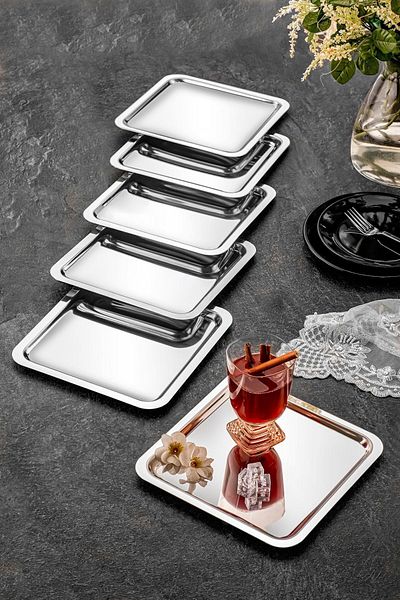 ÖzSa Home Set of 6 Luxury Square Stainless Steel Coffee Tea Catering and Presentation Tray Silver Color 21x21cm