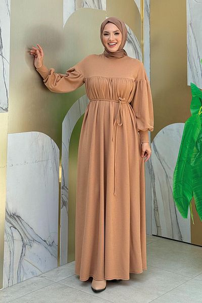Bym Fashion Πλεκτό φόρεμα Tan - Roba Shirring, Μοντέλο 6019