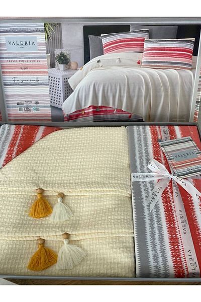Sudemhome 4 Piece Double Tasseled Pique Set - Cream