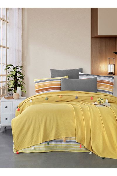 Sudemhome Mustard Colored 4 Piece Double Tasseled Pique Set