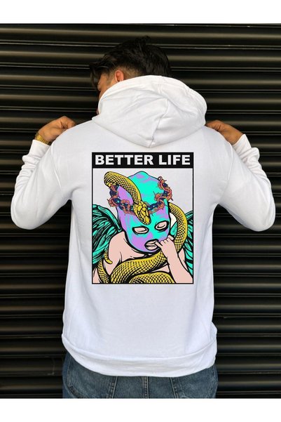 DEEPSENCE Hanorac alb cu glugă unisex BetterLife - imprimat pe spate