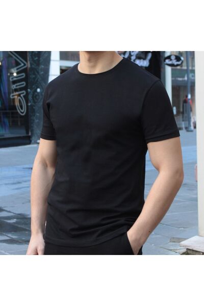 Genel Markalar Erkek Siyah Bisiklet Yaka Slim Fit T-shirt