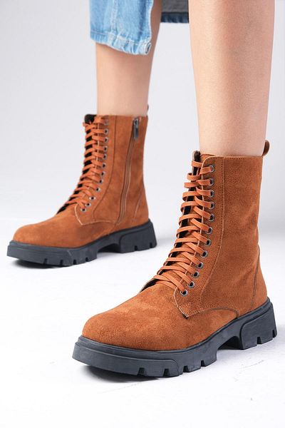 Mio Gusto Alvina Tan Suede Lace-Up and Zippered Thick-Soled Women's Boots