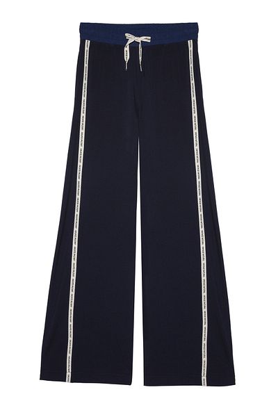 Quzu Navy Blue High Waist Stripe Printed Trousers