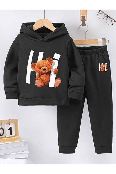 THEKONT Set de trening pentru copii din bumbac unisex cu imprimeu HI