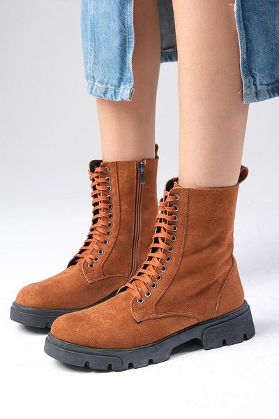 Mio Gusto Alvina Tan Suede Lace-Up and Zippered Thick-Soled Women's Boots