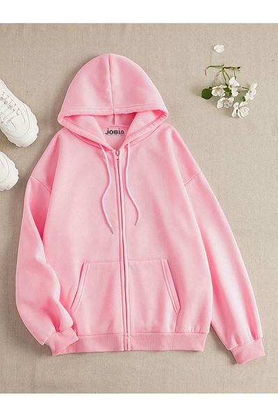 Jobia Outdoors Ανδρικό και γυναικείο Unisex μάλλινο ροζ φλις μπουφάν - Φούτερ με κουκούλα και φερμουάρ