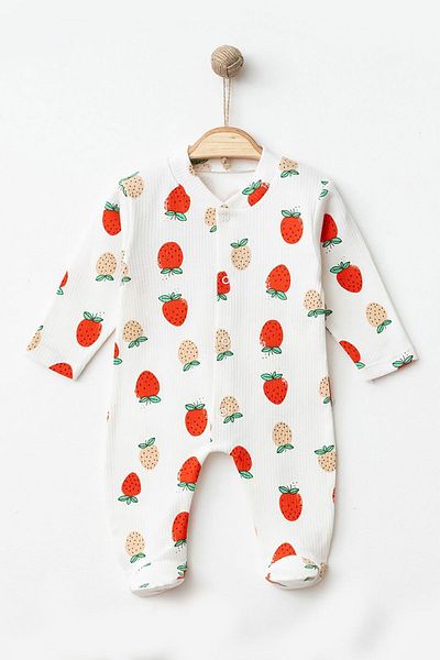 UmBaby Girl's Jumpsuit - Strawberry Patterned, Booties, Snap Button, Cream, Report Fabric