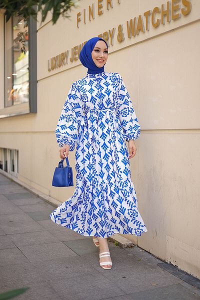 shalby Φόρεμα Zenn Pattern Semi Buttoned Belted Hijab Plus Size Saks Blue