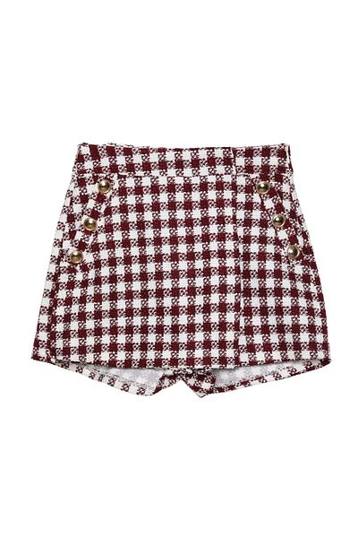 Quzu Burgundy Tweed Shorts Skirt - Button Detailed