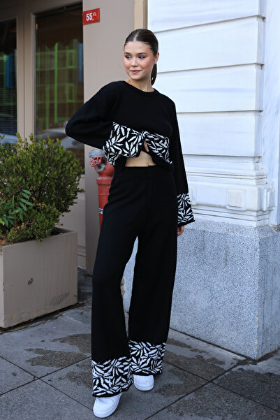 ALCHON Crew nyakú, hosszú ujjú levélmintás rövid pulóver cső láb derék rugalmas nadrág kötöttáru kétrészes szett