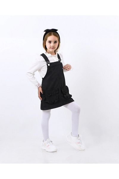 Kamex Girl's Salopet - Black, Long Sleeve, Suede Pocket, Frilly T-Shirt