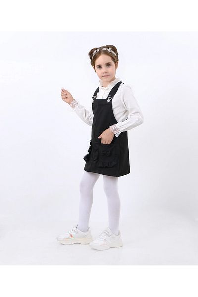 Kamex Girl's Salopet - Black, Long Sleeve, Suede Pocket, Frilly T-Shirt