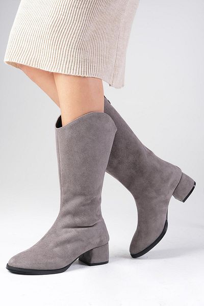 Mio Gusto Fabia Gray Color Suede Women's Below the Knee Boots